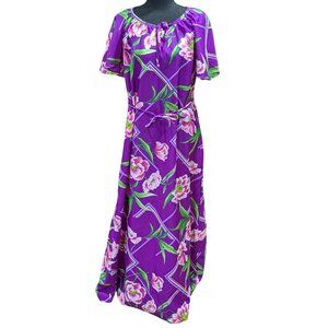 Hilo Hattie Hawaiian Purple Floral Maxi Dress With Belted Waist Short Sleeves Si